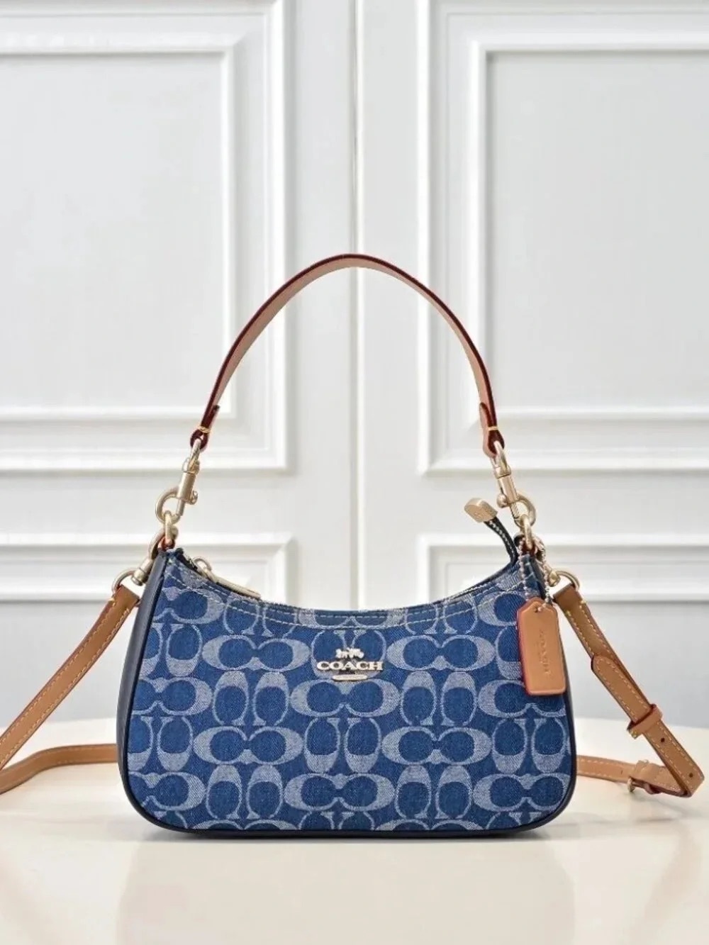 Coach Blue Signature Denim Shoulder Bag with Tan Leather Strap
